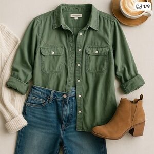 Lucky Brand Army Green Button Up Shirt Small Boho Utility Casual Fall Top